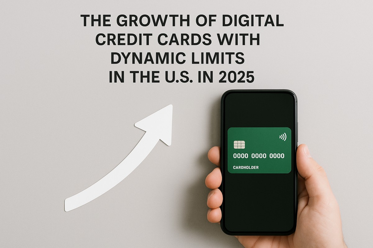 A hand holds a smartphone displaying a virtual green credit card with contactless payment and chip icons. To the left, a white arrow pointing upward symbolizes financial growth. Above, the headline reads “The Growth Of Digital Credit Cards With Dynamic Limits In The U.S. In 2025.” The image conveys the trend of mobile-based digital credit cards with flexible limits.