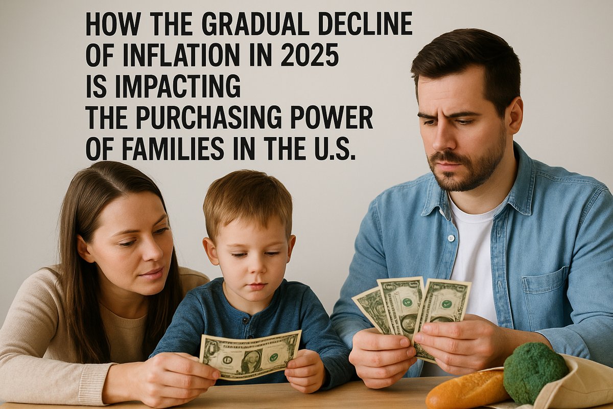 A family of three — a man, a woman, and a young boy — sit at a table counting one-dollar bills. In front of them are groceries, including bread and broccoli. The headline above reads “How The Gradual Decline Of Inflation In 2025 Is Impacting The Purchasing Power Of Families In The U.S.” The image reflects the careful budgeting and spending decisions families make amid changing inflation trends.