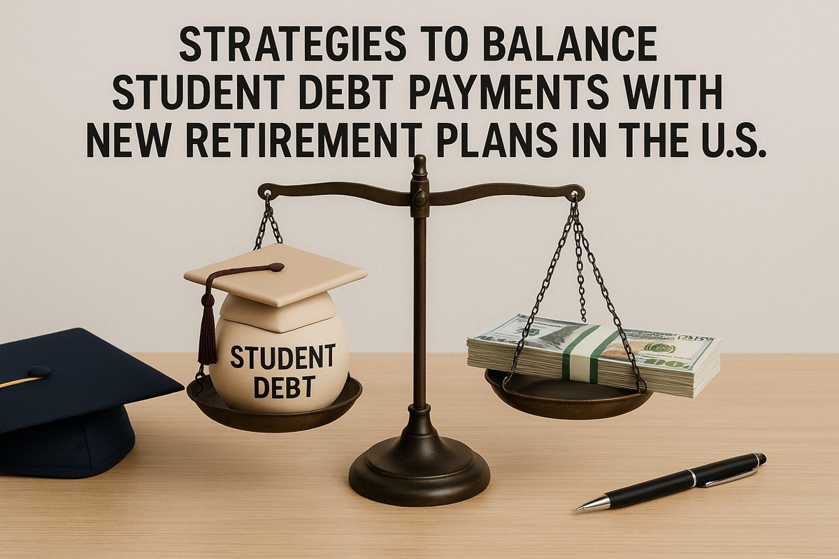 A balance scale on a wooden table shows a jar labeled “Student Debt” with a graduation cap on one side and a stack of hundred-dollar bills on the other. A black pen rests nearby. Above, the headline reads “Strategies To Balance Student Debt Payments With New Retirement Plans In The U.S.” The image symbolizes finding equilibrium between paying student loans and saving for retirement.