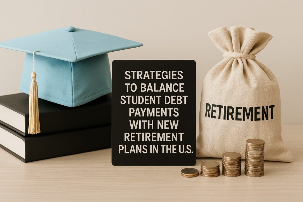 A blue graduation cap rests on stacked books next to a chalkboard displaying the text “Strategies To Balance Student Debt Payments With New Retirement Plans In The U.S.” Beside it stands a beige sack labeled “Retirement” with several stacks of coins. The image represents the connection between higher education debt and future retirement planning.