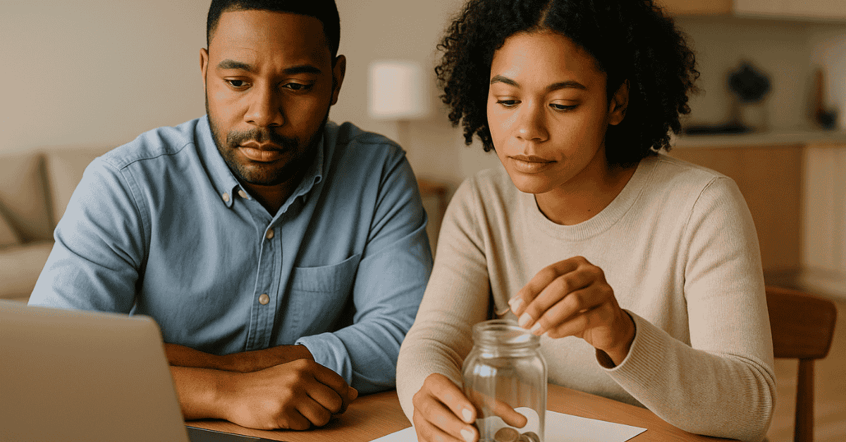 Couple reviewing household finances at home, counting savings in a jar while checking their budget on a laptop.