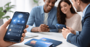 Group of people discussing digital payments while holding a credit card, with a smartphone displaying a financial app and modern cards on the table, representing digital credit card solutions and shared financial decisions.