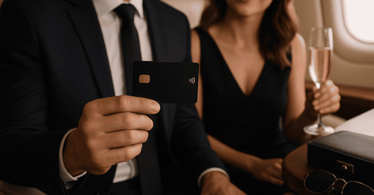 Luxury travellers holding a black credit card in an upscale airplane cabin, suggesting premium travel perks and high-end spending.