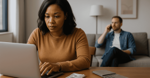 Worried woman working on a laptop with cash and coins on the table while a man talks on the phone in the background, highlighting personal finances and financial stress at home.