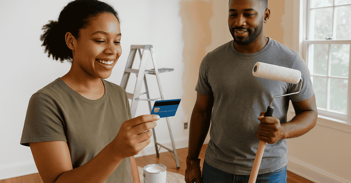 Smiling couple renovating their home, woman holding a **credit card** while partner holds a paint roller, showing home improvement expenses paid by card.
