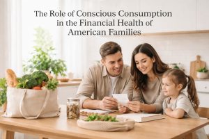 A family of three sitting at a wooden kitchen table, reviewing household expenses together. The parents and their young daughter look at a receipt while discussing finances. On the table, there are fresh groceries in a reusable bag, a jar of coins, a notebook, and a pen, symbolizing conscious consumption, budgeting, and financial responsibility in an American household. Natural light and a modern kitchen setting reinforce a sense of balance, sustainability, and financial well-being.