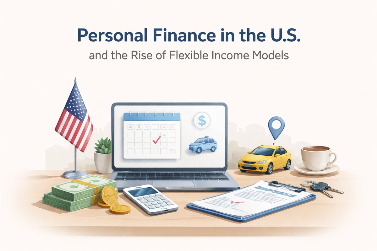 A clean, modern financial-themed illustration with the headline “Personal Finance in the U.S.” and the subtitle “and the Rise of Flexible Income Models” displayed prominently at the top against a light neutral background. On a wooden desk surface below the text, various objects symbolize personal finance and flexible income strategies in the United States. On the left, a small American flag stands upright beside neatly stacked bundles of U.S. dollar bills and gold coins. In the center, a laptop displays a calendar interface with a marked date, alongside financial icons including a dollar symbol and a small blue car. In front of the laptop sits a calculator. On the right side of the desk, a clipboard holds a signed document, suggesting contracts or financial agreements. Nearby are a set of car keys next to a small yellow car model with a location pin icon above it, indicating mobility or gig-based work. A white coffee cup on a saucer completes the scene, adding a casual, everyday context. The image represents budgeting, financial planning, gig economy work, car-related income opportunities, and structured money management in the United States. There are no real people visible in the image.