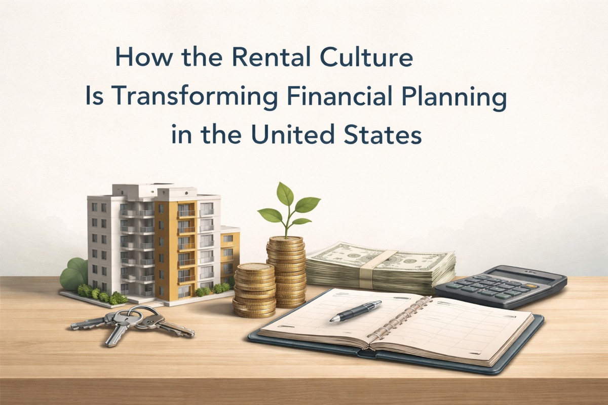 Illustrative image about how rental culture is transforming financial planning in the United States. The background features a clean, neutral wall with the title text: “How the Rental Culture Is Transforming Financial Planning in the United States.” On a wooden table in the foreground, there is a modern apartment building model next to a set of house keys. Beside it are stacked gold coins, with a small green plant growing from the top stack, symbolizing financial growth. There is also a bundle of U.S. dollar bills, a calculator, and an open planner with a pen resting on it, representing budgeting and financial organization. No real people are present in the image.