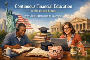 Illustration about financial education in the United States showing two adults studying personal finance. A man wearing headphones writes in a book while a woman works on a laptop. Around them are stacks of books, graduation caps, a piggy bank with glasses, and a jar labeled “savings.” In the background appear the Statue of Liberty, the U.S. flag, Wall Street signage, and a classical government building, symbolizing education, finance, and the American economic system.