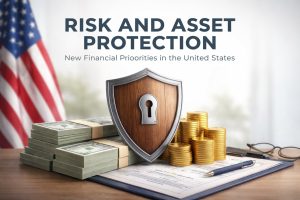 Financial illustration about risk and asset protection in the United States. A wooden shield with a keyhole symbol stands in the center, surrounded by stacks of US dollar bills and gold coins on a desk. In the background appears the United States flag, while documents, a pen, and eyeglasses suggest financial planning and asset management. The title “Risk and Asset Protection: New Financial Priorities in the United States” appears above the scene.