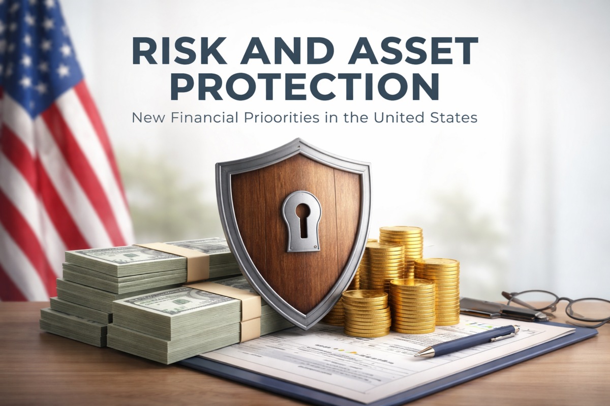 Financial illustration about risk and asset protection in the United States. A wooden shield with a keyhole symbol stands in the center, surrounded by stacks of US dollar bills and gold coins on a desk. In the background appears the United States flag, while documents, a pen, and eyeglasses suggest financial planning and asset management. The title “Risk and Asset Protection: New Financial Priorities in the United States” appears above the scene.