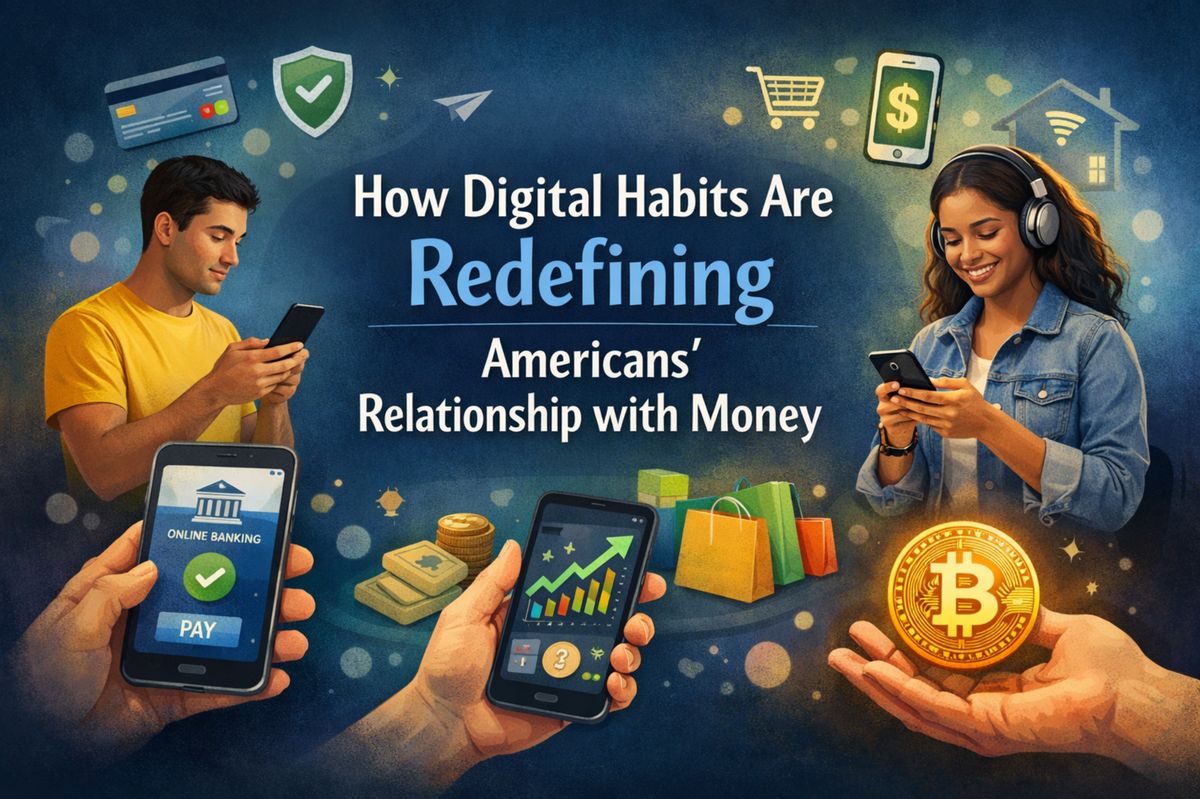 Digital illustration of young adults using smartphones for mobile banking, online shopping, and cryptocurrency, representing how digital habits are redefining Americans' relationship with money