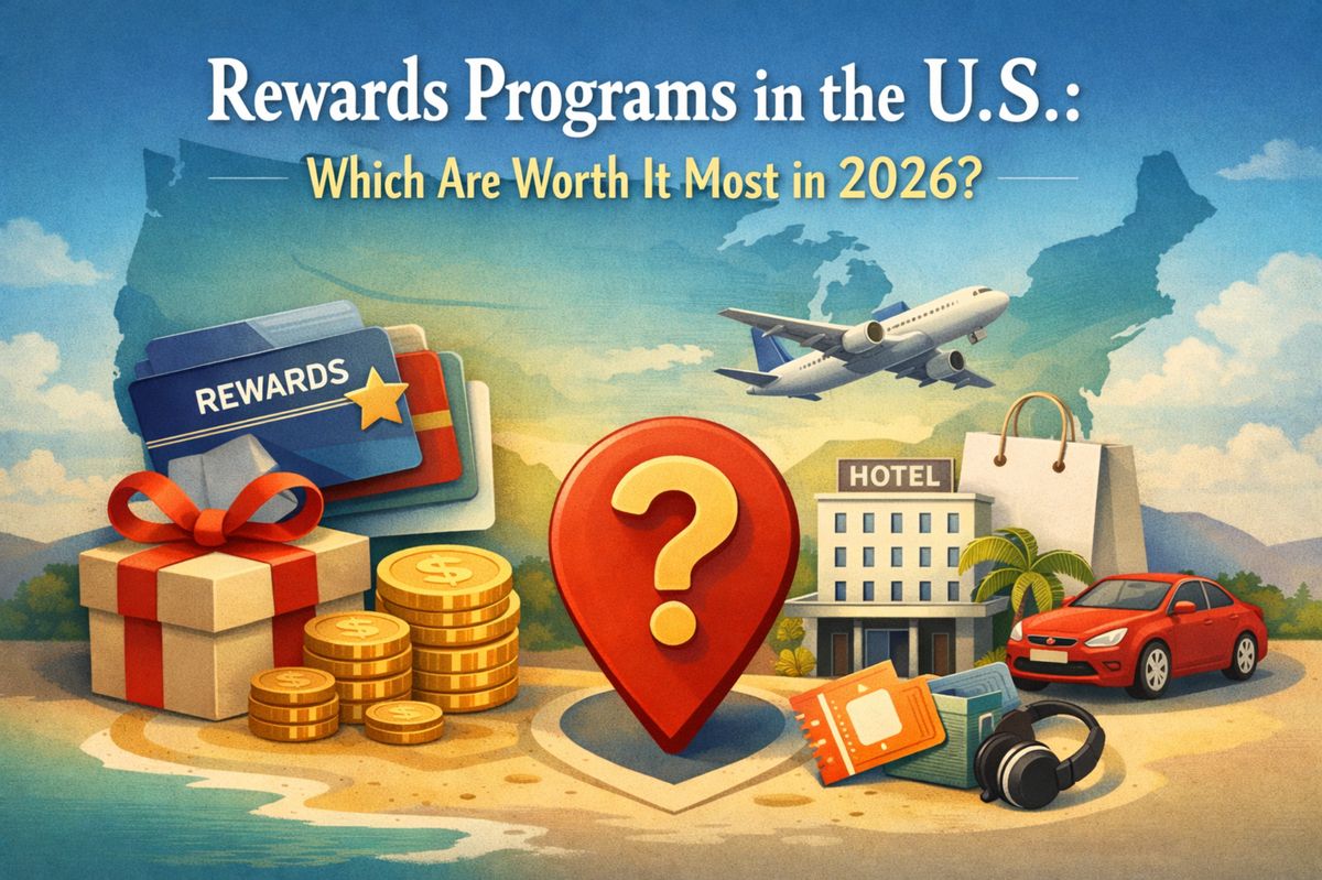 Illustration of U.S. rewards programs including credit card points, travel rewards, hotel stays, shopping perks, and cashback, highlighting the best loyalty programs worth it in 2026