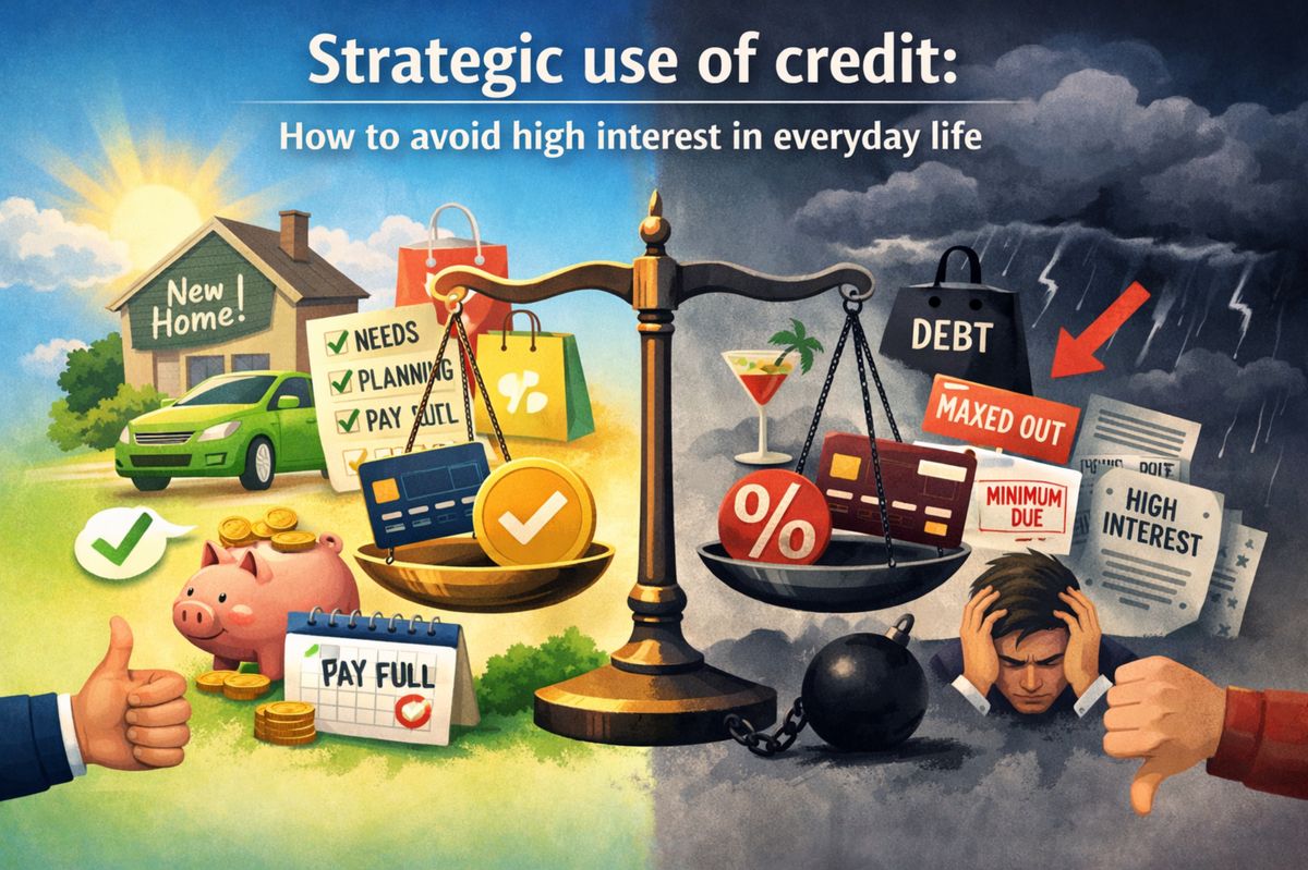 Strategic use of credit concept showing balance between responsible spending and debt, with scales comparing financial planning, paying in full, savings, and avoiding high interest charges in everyday life