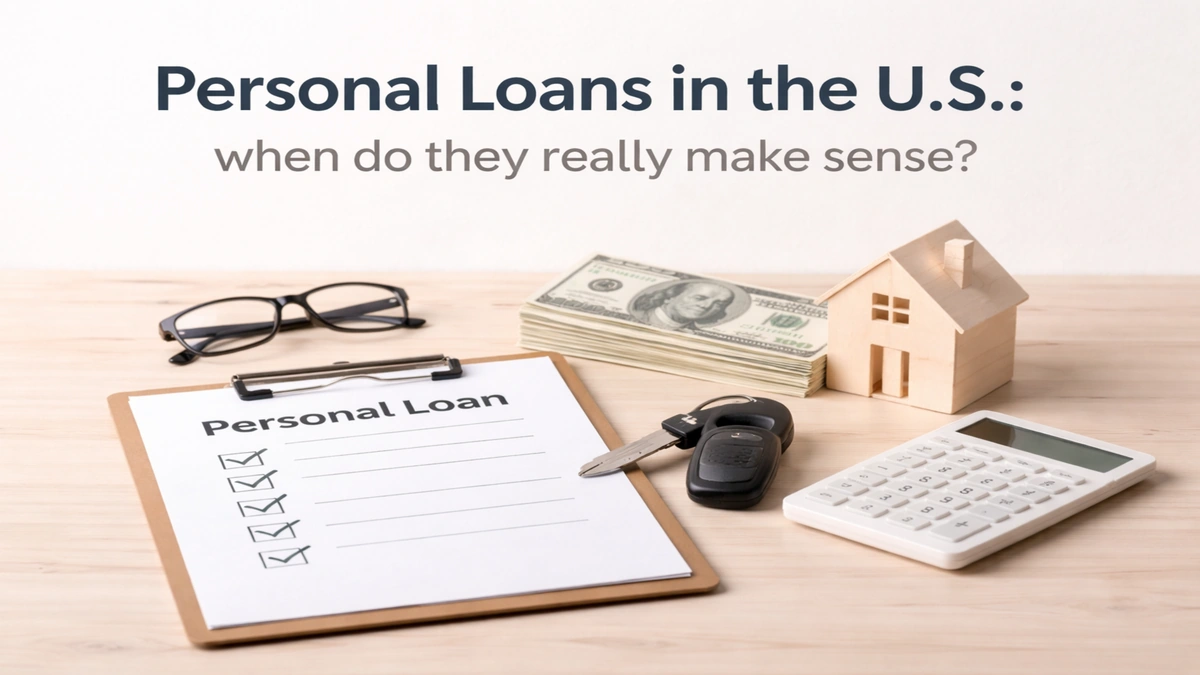 Personal loans concept in the United States with documents, cash, house model, car keys, and calculator on a desk, illustrating when taking a personal loan makes sense for financial planning and debt management.