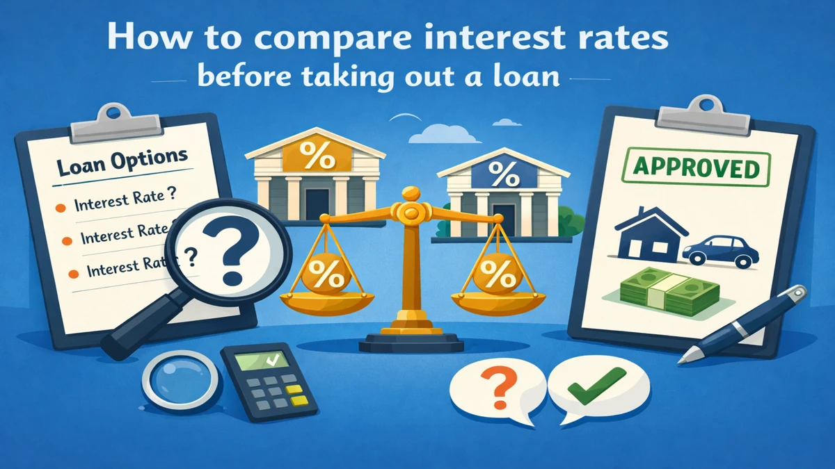 Illustration of comparing loan interest rates in the United States, featuring financial documents, percentage symbols, balance scale, calculator, and approved loan form, representing how to evaluate and choose the best loan terms.