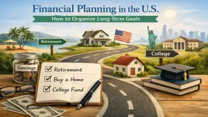 Financial planning concept in the U.S. with notebook checklist showing retirement, home purchase and college fund goals, alongside savings jar, dollar bills, graduation cap, houses, American flag and city skyline representing long-term financial goals