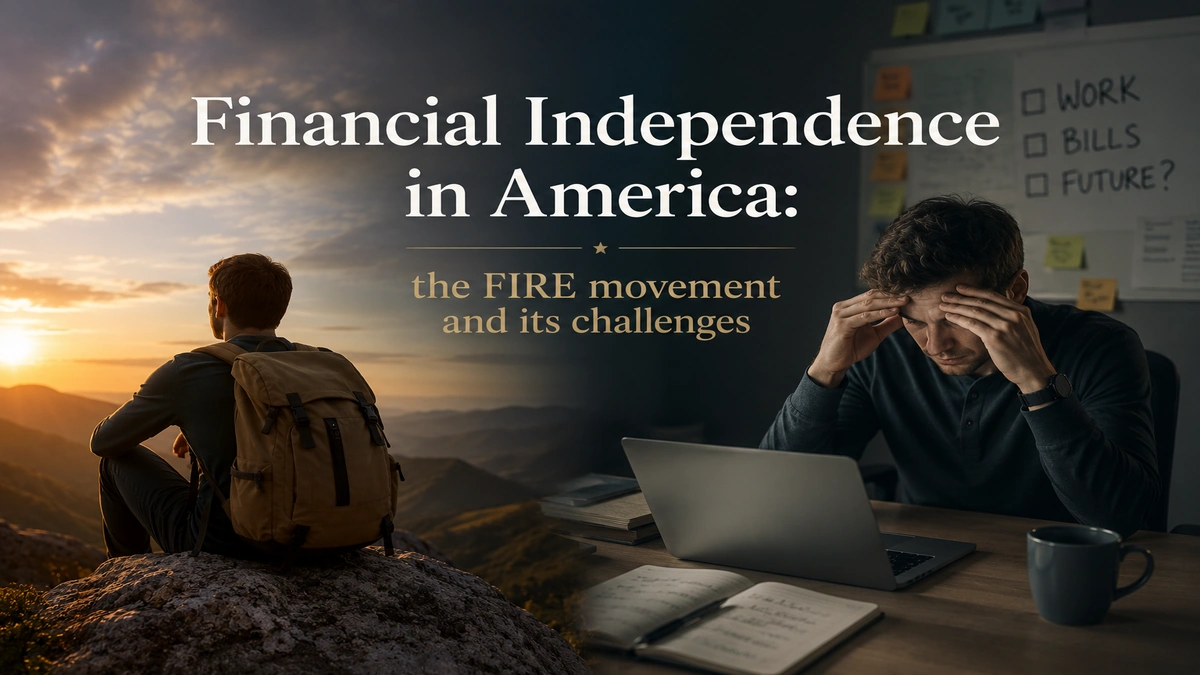 Cinematic editorial illustration about financial independence in America and the FIRE movement, featuring a young traveler contemplating a mountain sunset contrasted with a stressed professional working late at a desk, symbolizing the opportunities and challenges of early retirement and financial freedom.