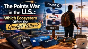 Travel rewards credit card ecosystem comparison in the United States featuring Chase, American Express, Capital One, Citi and Bilt points programs with a traveler at an airport overlooking the New York skyline.