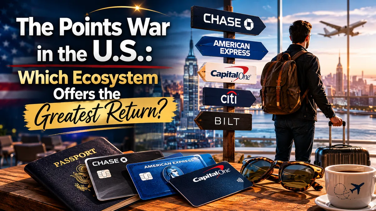 Travel rewards credit card ecosystem comparison in the United States featuring Chase, American Express, Capital One, Citi and Bilt points programs with a traveler at an airport overlooking the New York skyline.