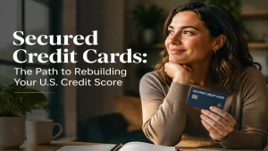 Young woman holding a secured credit card in a cozy modern interior, symbolizing rebuilding a U.S. credit score through secured credit cards.