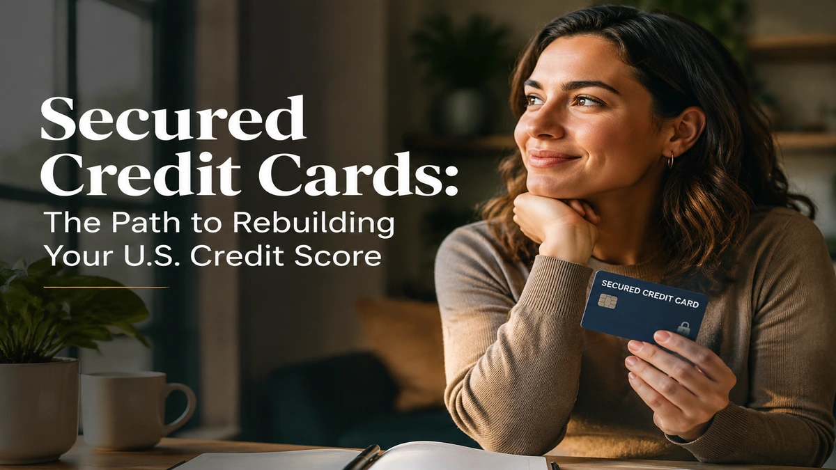 Young woman holding a secured credit card in a cozy modern interior, symbolizing rebuilding a U.S. credit score through secured credit cards.