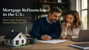 Couple reviewing mortgage refinancing documents in a modern U.S. home office with natural lighting, illustrating when switching mortgage interest rates can pay off.