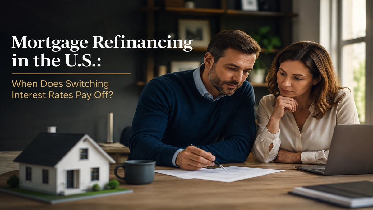 Couple reviewing mortgage refinancing documents in a modern U.S. home office with natural lighting, illustrating when switching mortgage interest rates can pay off.