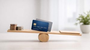 Balance transfer credit card concept scene on a white table, showing two credit cards, stacks of coins, and an envelope placed on opposite sides of a wooden balance scale, with a blurred potted plant in the background.