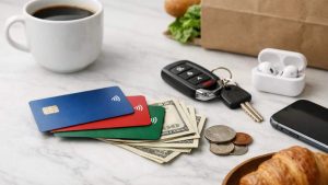 Cash back credit card scene on a marble tabletop, showing blue, red, and green contactless chip credit cards stacked on U.S. dollar bills, with coins, car keys, a smartphone, wireless earbuds, a coffee cup, a grocery bag, and a croissant nearby, representing everyday purchases and rewards earned through card spending.