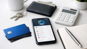 Credit card management scene on a white desk, showing a smartphone with a budgeting app and spending chart on screen, a blue chip credit card, a calculator, a wallet with cash, keys, a notebook with a pen, a coffee mug, and a small potted plant, representing tools for tracking expenses, managing payments, and organizing personal finances.