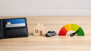 Credit score and credit card concept scene on a wooden table, showing a black wallet with blue and white chip cards, a small wooden model house, a toy car, and a color-coded credit score gauge ranging from red to green, with the needle pointing toward the green area.