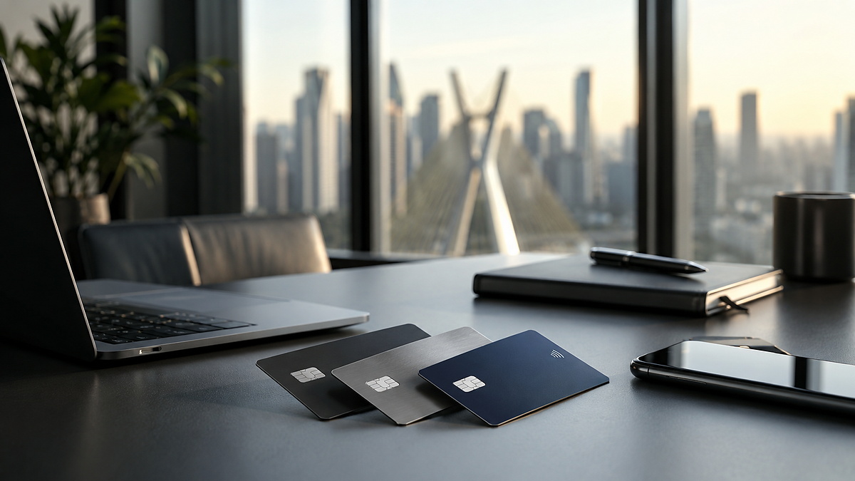 Modern office desk with unidentified business credit cards beside a laptop, smartphone, notebook and pen, set in a professional workspace with a blurred urban skyline in the background.
