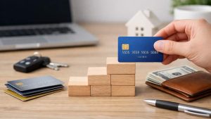 Credit-building concept scene on a wooden desk, showing a hand placing a blue chip credit card above stacked wooden blocks arranged like steps, with additional credit cards, car keys, a wallet with cash, a pen, a blurred laptop, and a small model house in the background, representing gradual financial progress and responsible credit use.