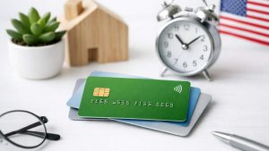 Low-interest credit card concept scene on a white desk, showing a green contactless chip credit card stacked on top of other cards, with eyeglasses, a silver pen, a small potted plant, a wooden model house, an alarm clock, and a blurred U.S. flag in the background.