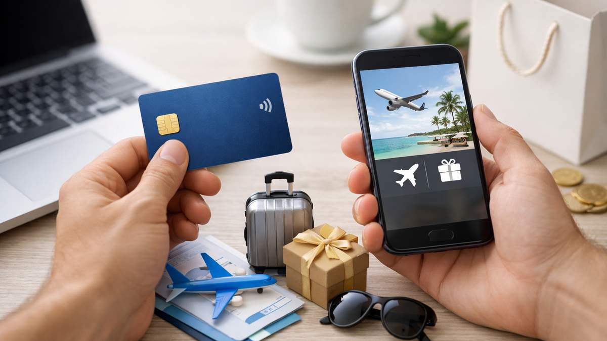 Credit card rewards scene on a desk, showing a person holding a blue contactless chip card in one hand and a smartphone displaying travel and gift reward icons in the other, with a toy airplane on documents, a small suitcase, a wrapped gift box, sunglasses, a laptop, a shopping bag, and coins nearby, representing ways to maximize rewards from credit card spending.