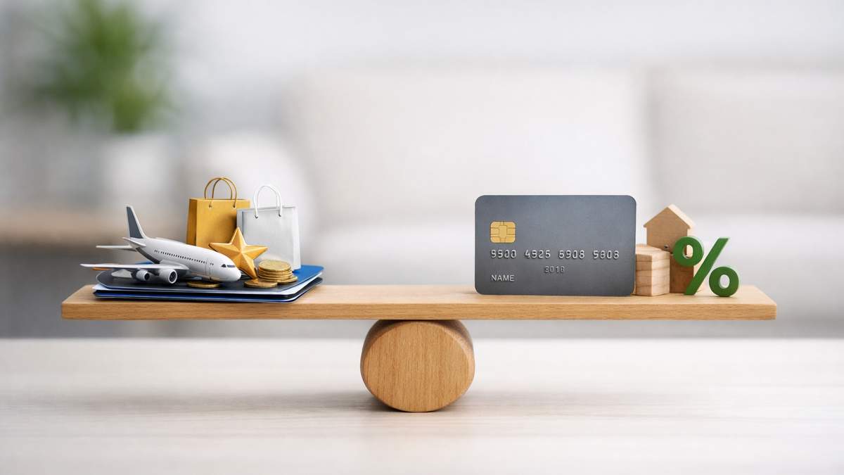 Credit card comparison concept scene showing a wooden balance scale with travel rewards items on one side, including a toy airplane, shopping bags, a gold star, coins, and stacked cards, and a gray chip credit card on the other side beside a small wooden house and a green percent symbol, representing the choice between rewards benefits and low-interest credit card costs.