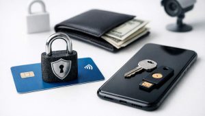 Credit card security scene on a white desk, showing a blue contactless chip card protected by a black padlock with a shield emblem, alongside a smartphone with a physical key and USB security key on top, an open wallet with cash, a blurred padlock, and a security camera in the background.