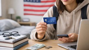 Student credit card scene in a bedroom or dorm room, showing a young person with a backpack holding a blue chip credit card and a smartphone beside an open laptop, with textbooks, a notebook, eyeglasses, keys, cash, coins, and a blurred U.S. flag in the background.