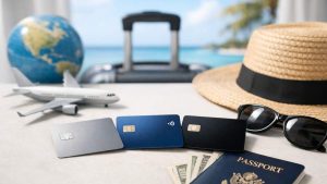 Travel rewards credit card scene on a white table, showing three chip credit cards, a passport with cash underneath, sunglasses, a straw hat, a toy airplane, a globe, and a suitcase handle, with a blurred tropical beach and ocean in the background.
