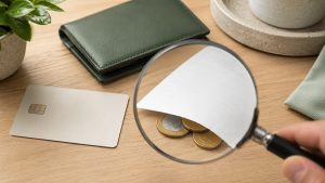 Light wooden desk with an unbranded credit card, a green wallet, and a magnifying glass revealing coins partially hidden under a blank white paper, representing the need to carefully check for credit card fees and hidden charges.