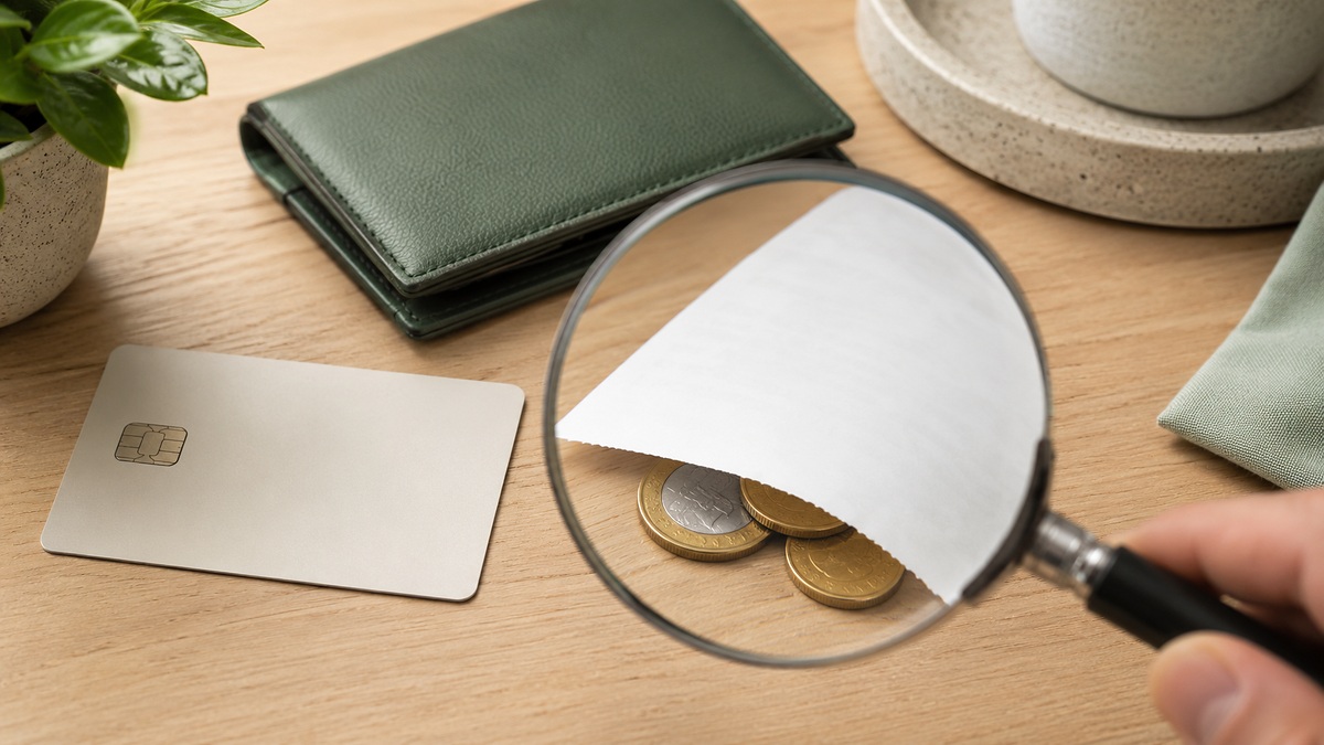 Light wooden desk with an unbranded credit card, a green wallet, and a magnifying glass revealing coins partially hidden under a blank white paper, representing the need to carefully check for credit card fees and hidden charges.