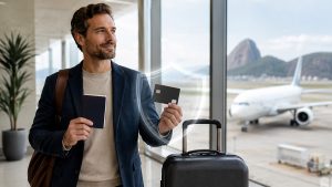Traveler in an airport terminal holding a credit card and a travel document beside a carry-on suitcase, with a translucent shield symbol representing protection and travel insurance; in the background, an airplane is parked on the runway and a Rio de Janeiro landscape is visible through the window.